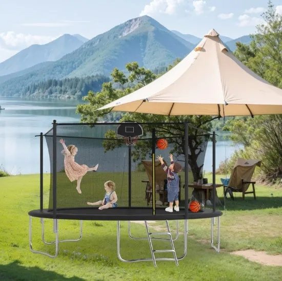 14 FT TRAMPOLINE INSIDE SAFETY NET WITH BASKETBALL HOOP