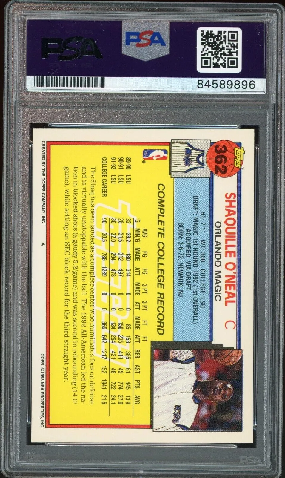 1992 Topps Gold #362 Shaquille O'Neal RC Rookie Magic PSA/DNA Auto Authentic