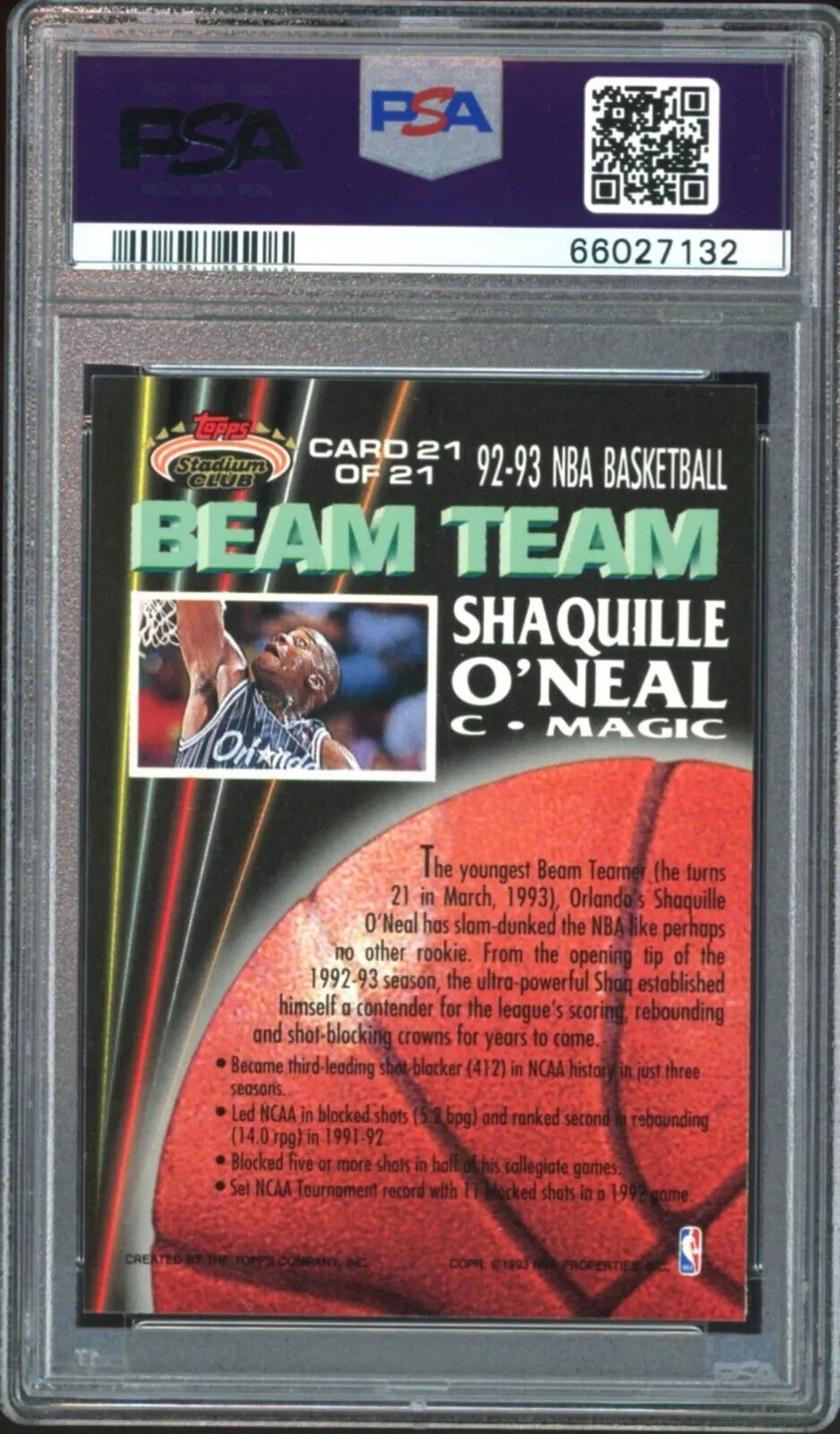 1992 Topps Stadium Club Beam Team Shaquille O'Neal RC Authentic PSA/DNA Auto 10