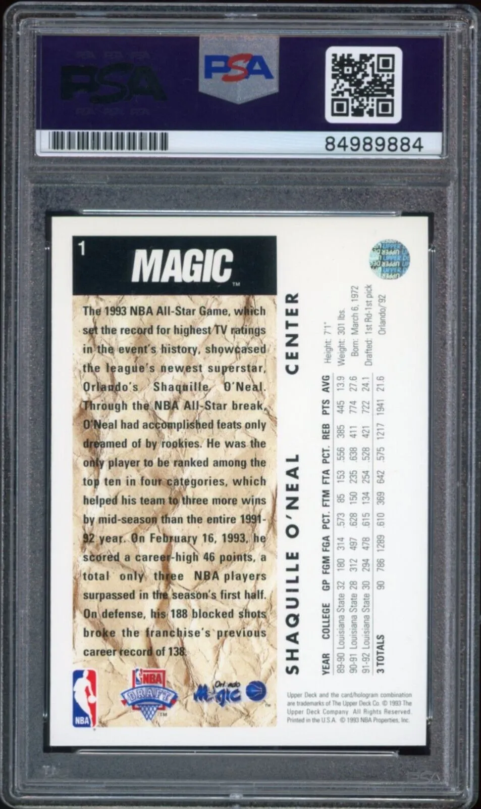 1992 Upper Deck #1 Shaquille O'Neal RC Magic Blue Ink PSA/DNA Auto Authentic