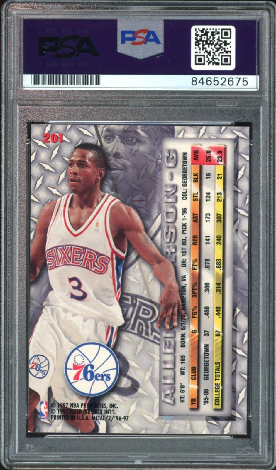 1996 Fleer Metal #201 Allen Iverson RC Rookie 76ers PSA/DNA Auto GEM MINT 10