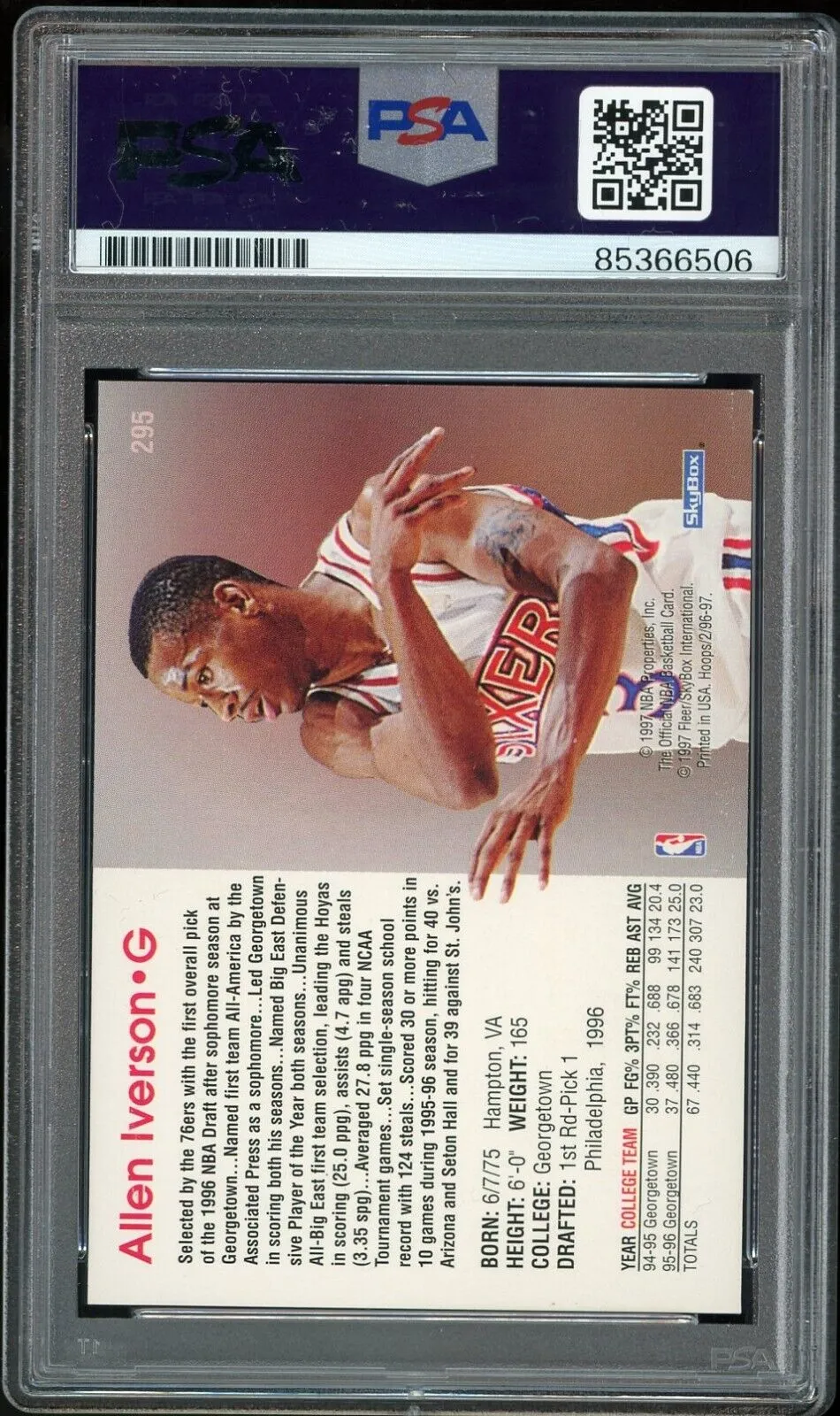 1996 Hoops #295 Allen Iverson RC Rookie On Card PSA/DNA Auto GEM MINT 10