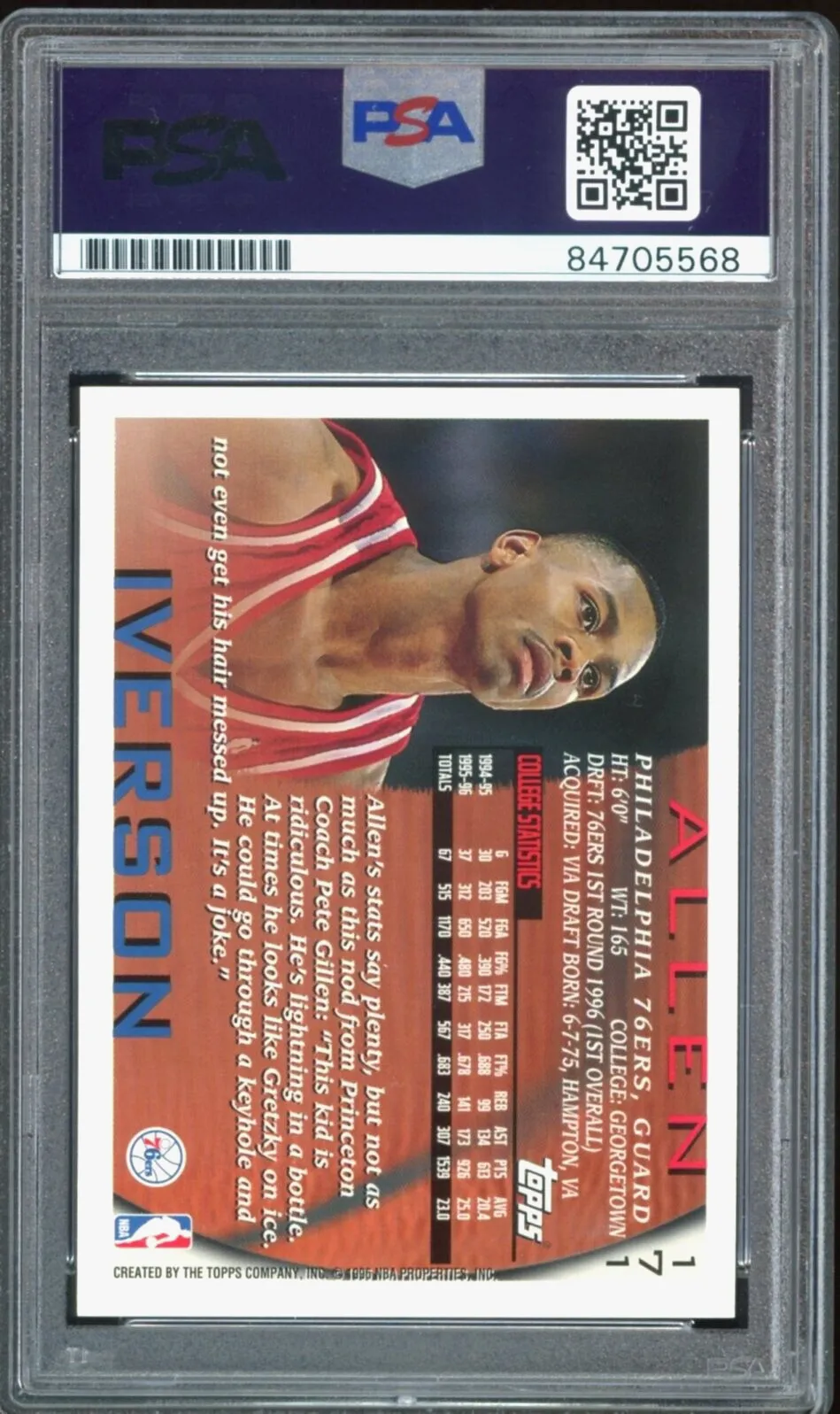1996 Topps #171 Allen Iverson RC On Card Blue Ink PSA/DNA Auto GEM MINT 10