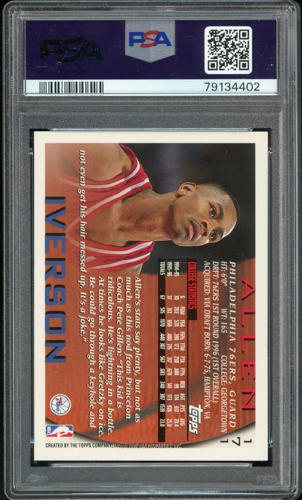1996 Topps #171 Allen Iverson RC Rookie 76ers On Card PSA 10/10 Auto GEM MINT