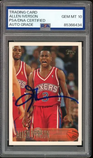 1996 Topps #171 Allen Iverson RC Rookie 76ers On Card PSA/DNA Auto GEM MINT 10