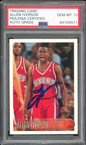 1996 Topps #171 Allen Iverson RC Rookie 76ers On Card PSA/DNA Auto GEM MINT 10