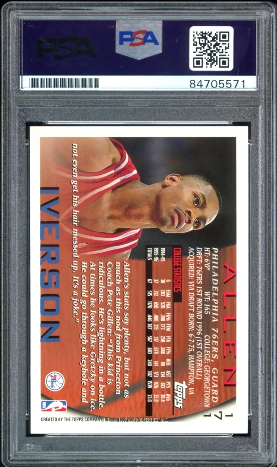 1996 Topps #171 Allen Iverson RC Rookie 76ers On Card PSA/DNA Auto GEM MINT 10