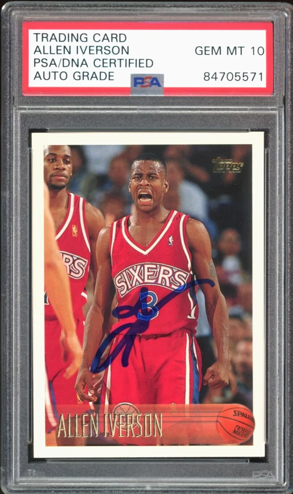 1996 Topps #171 Allen Iverson RC Rookie 76ers On Card PSA/DNA Auto GEM MINT 10