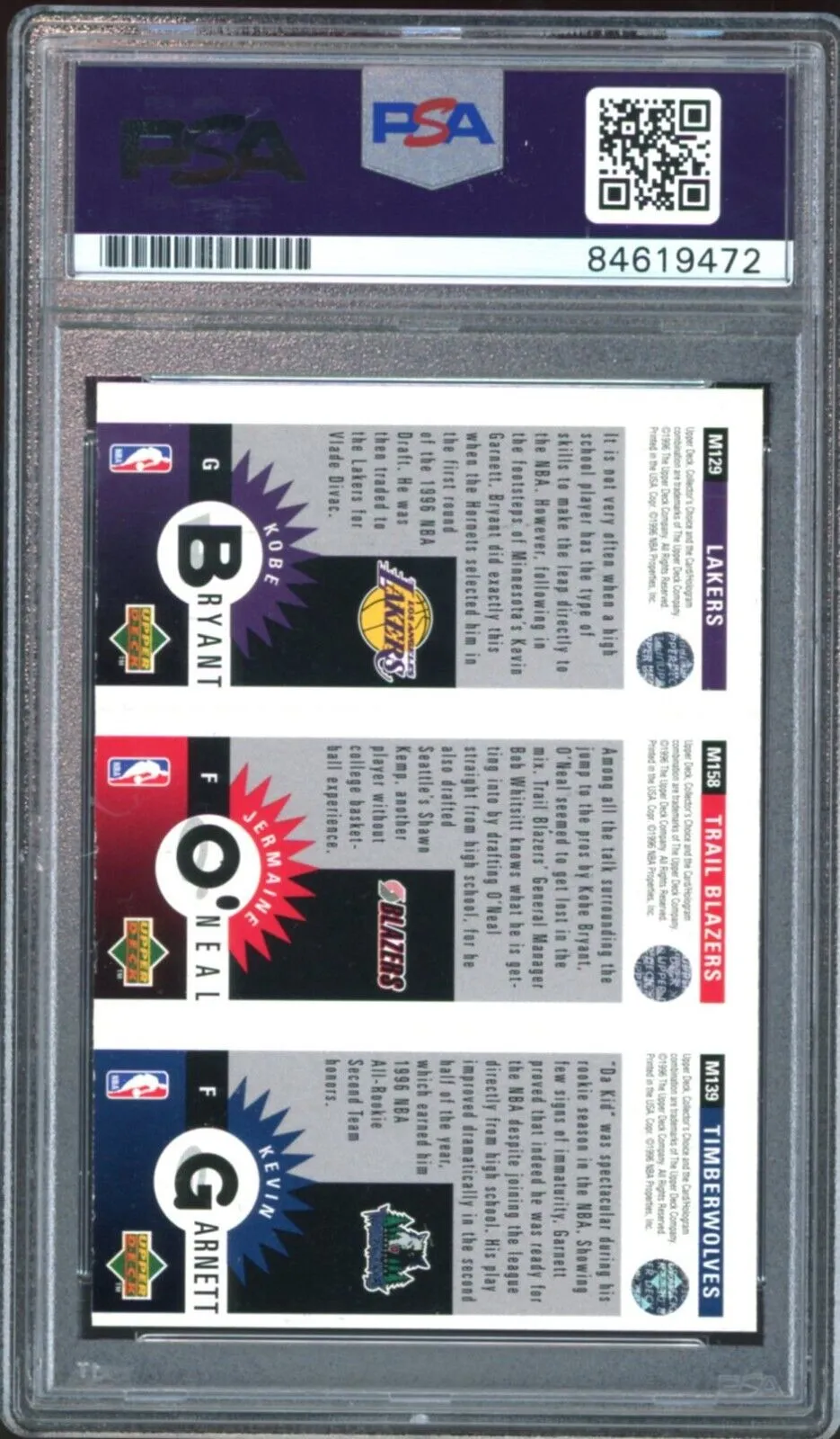1996 UD Collector's Choice #M139 Kevin Garnett /Kobe RC PSA/DNA Auto GEM MINT 10