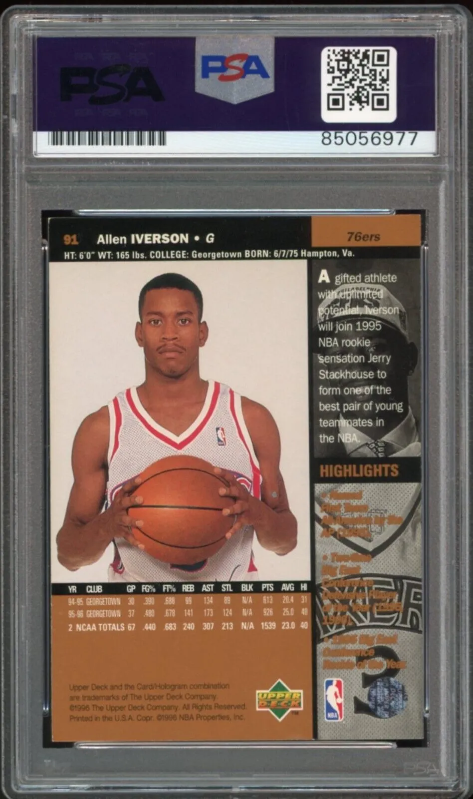 1996 Upper Deck #301 Allen Iverson RC Rookie On Card PSA/DNA Auto GEM MINT 10