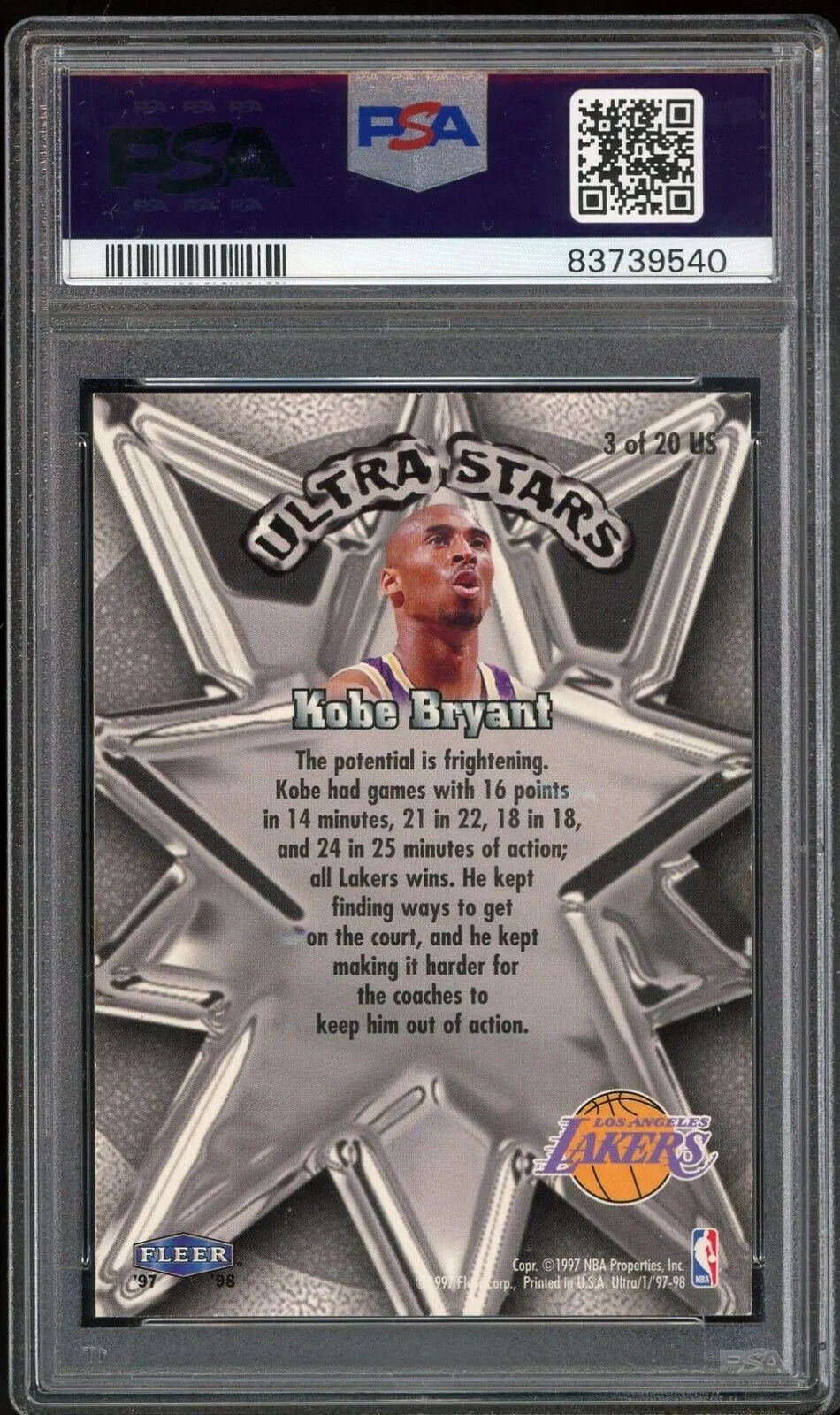 1997-98 Fleer Ultra Stars Gold SSP #3 Kobe Bryant PSA 8.5 NM-MT  POP 2