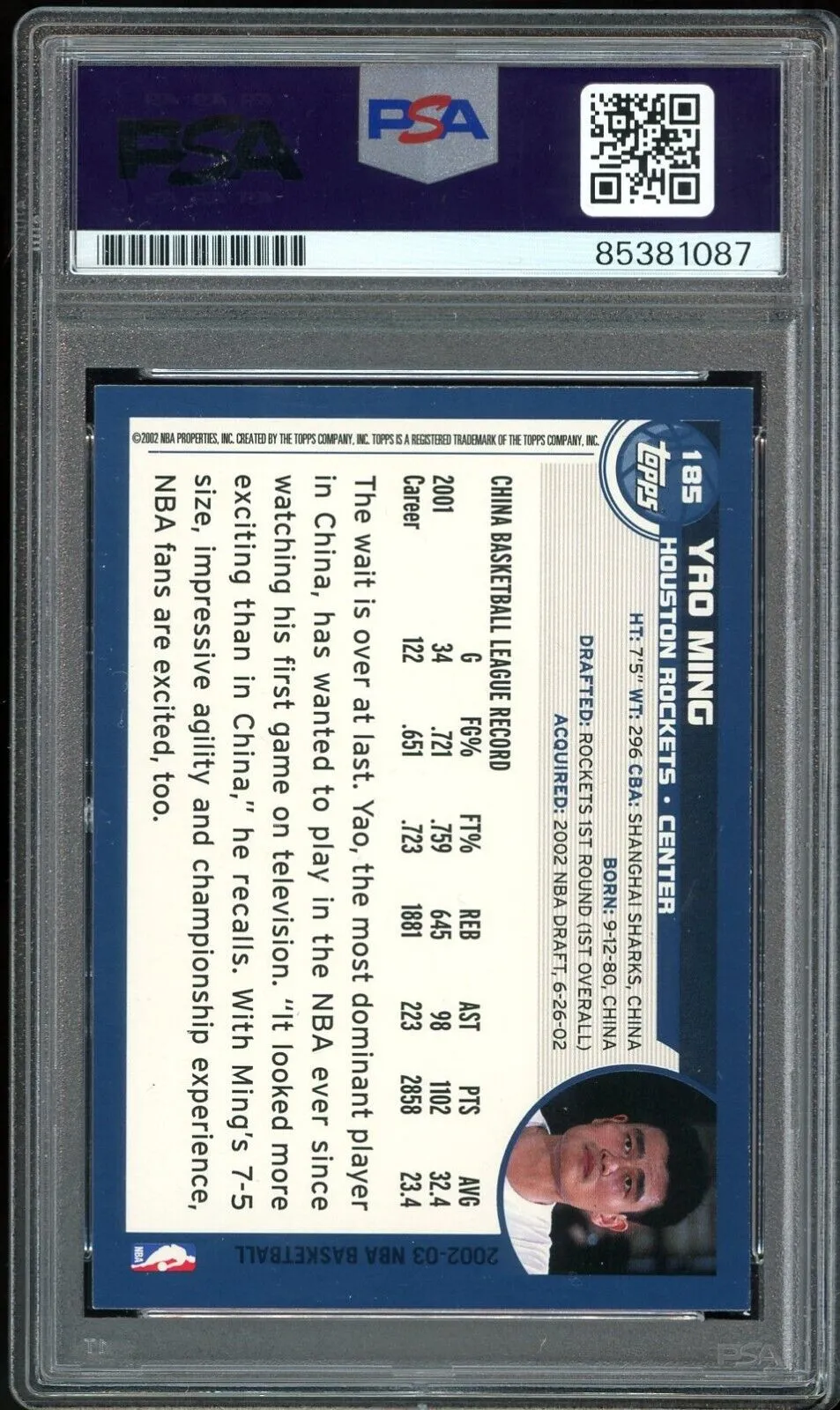 2002-03 Topps #185 Yao Ming RC Rookie On Card PSA/DNA Auto GEM MINT 10