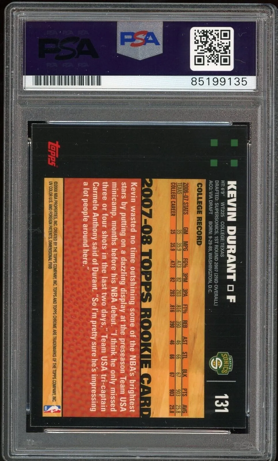 2007-08 Topps Chrome #131 Kevin Durant RC On Card PSA/DNA Auto GEM MINT 10