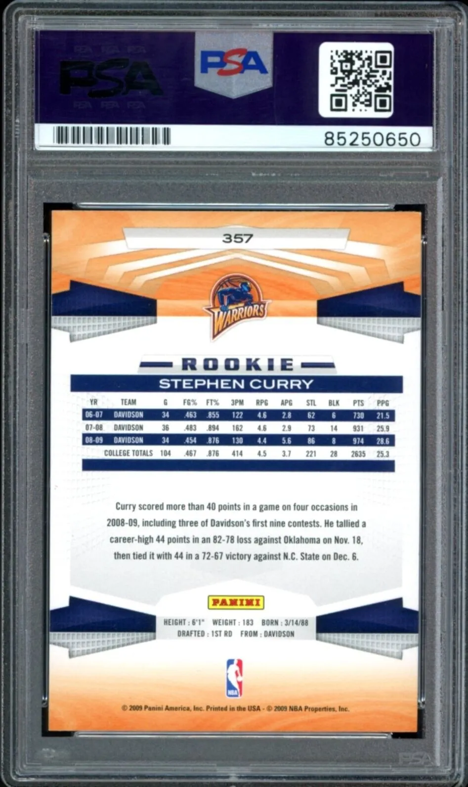 2009-10 Panini #357 Stephen Curry RC Rookie On Card PSA/DNA Auto GEM MINT 10