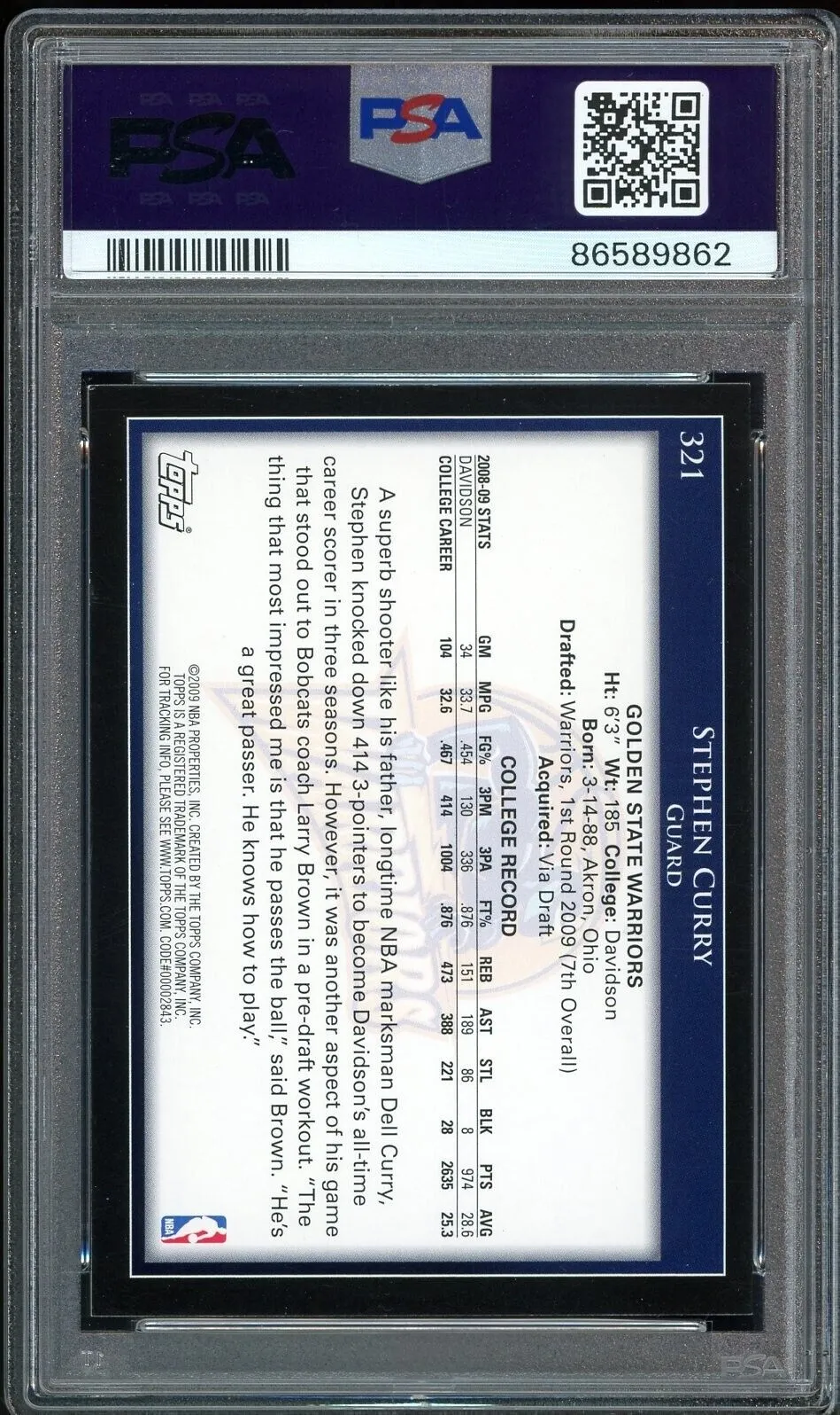 2009 Topps #321 Stephen Curry RC Rookie On Card PSA 8/10 Auto NM Warriors