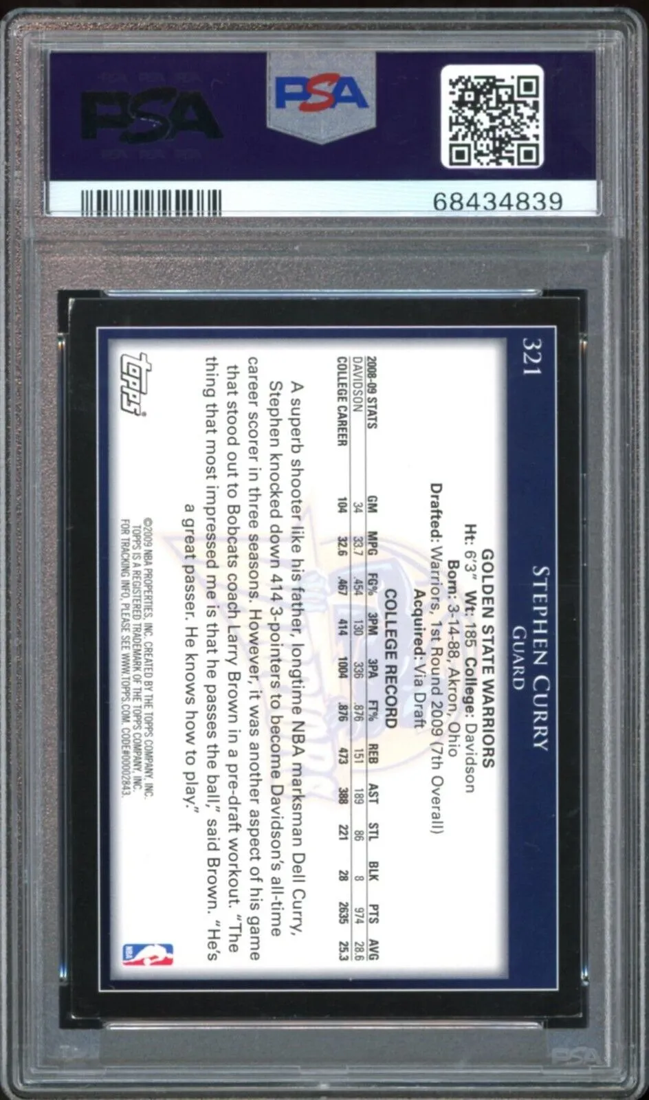 2009 Topps #321 Stephen Curry RC Rookie On Card PSA/DNA Authentic Auto 10