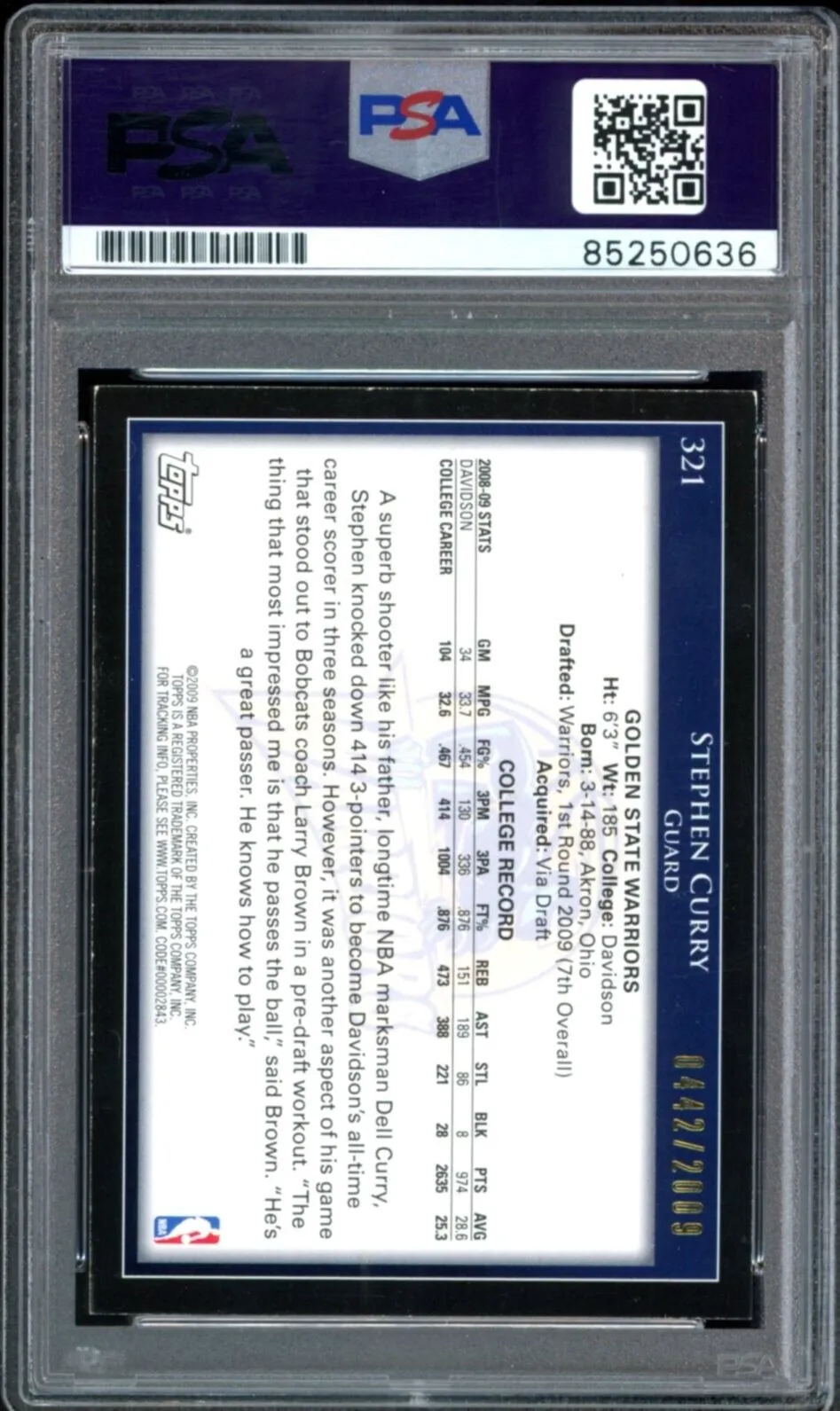 2009 Topps Gold /2009 #321 Stephen Curry RC On Card PSA/DNA Auto GEM MINT 10