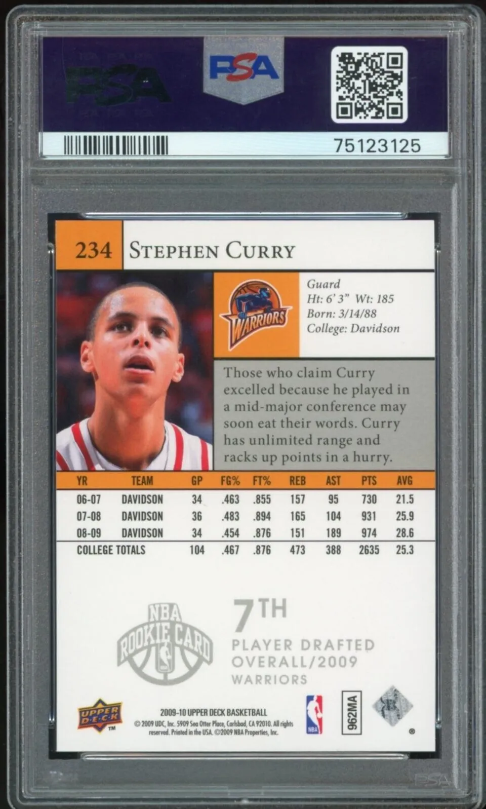2009 Upper Deck #234 Stephen Curry RC On Card PSA 10/10 Auto GEM MINT Warriors