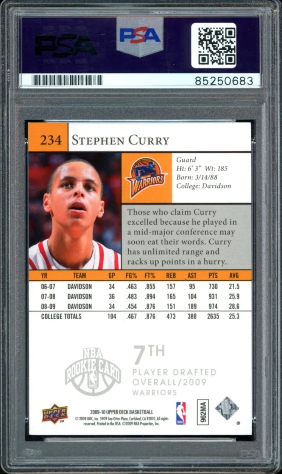 2009 Upper Deck #234 Stephen Curry RC On Card PSA/DNA Auto GEM MINT 10