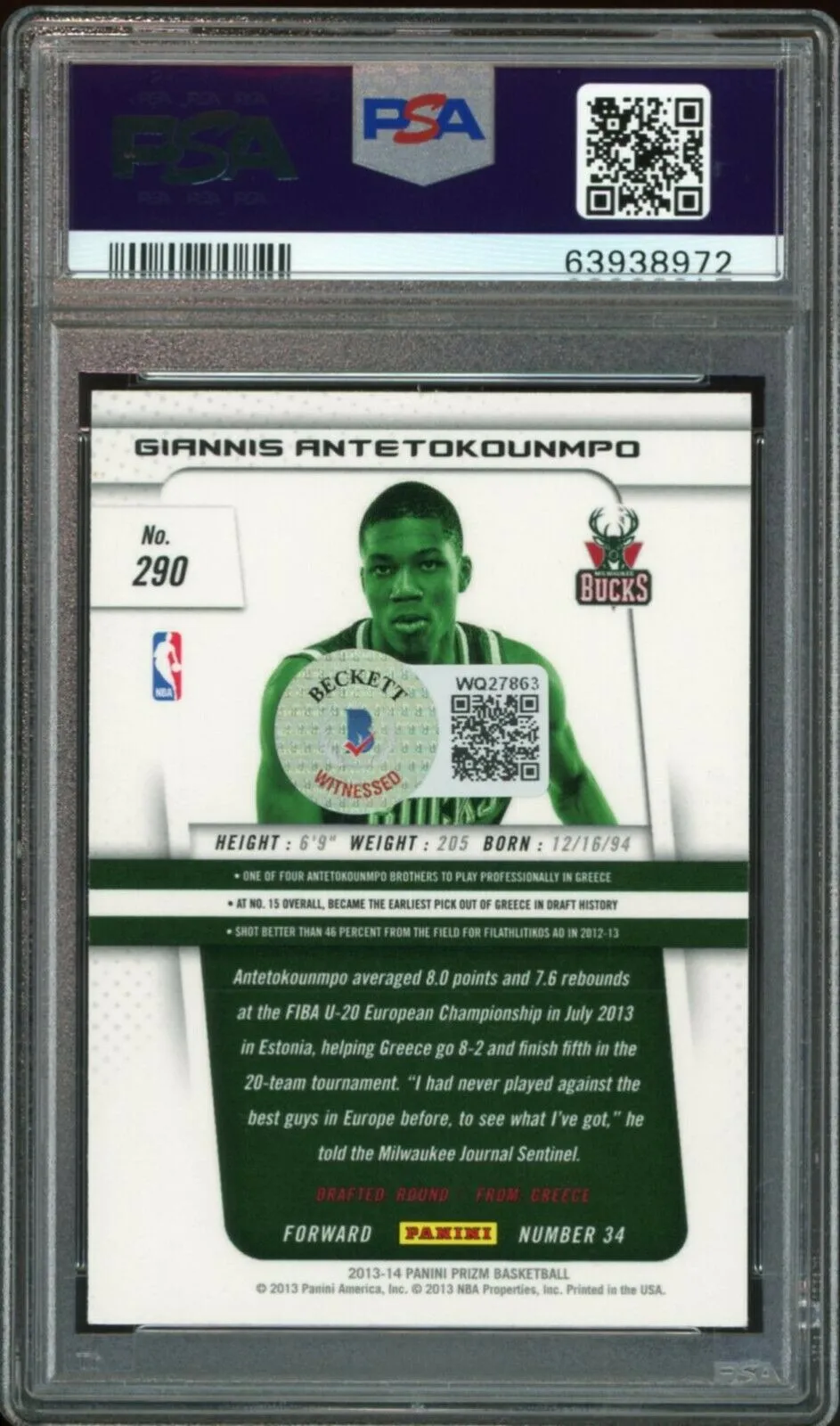 2013 Panini Prizm #290 Giannis Antetokounmpo RC Rookie Bucks PSA/DNA 10 Auto BAS