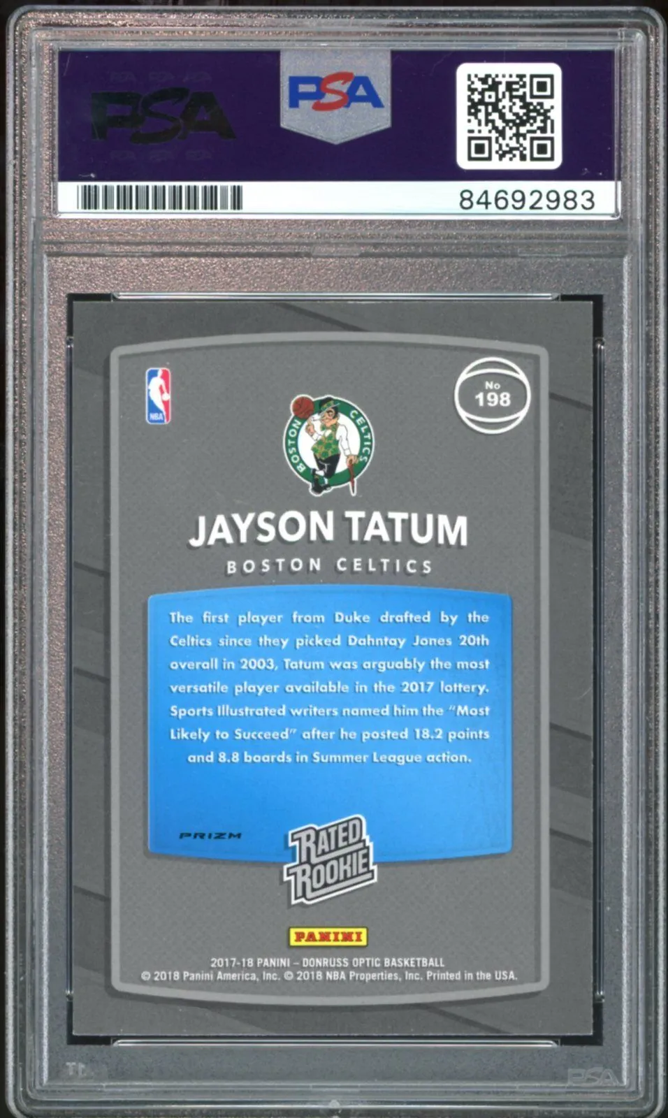2017 Donruss Optic Rated Rookie Holo #198 Jayson Tatum RC PSA/DNA Auto Authentic