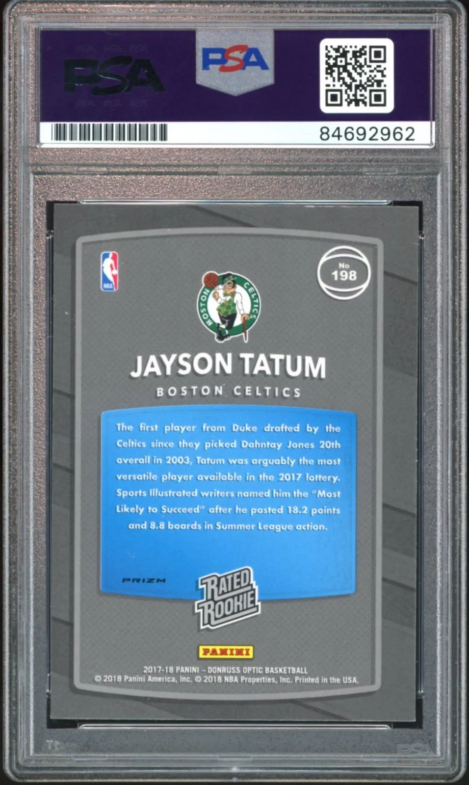 2017 Donruss Optic Rated Rookie Holo Jayson Tatum RC PSA/DNA Auto GEM MINT 10