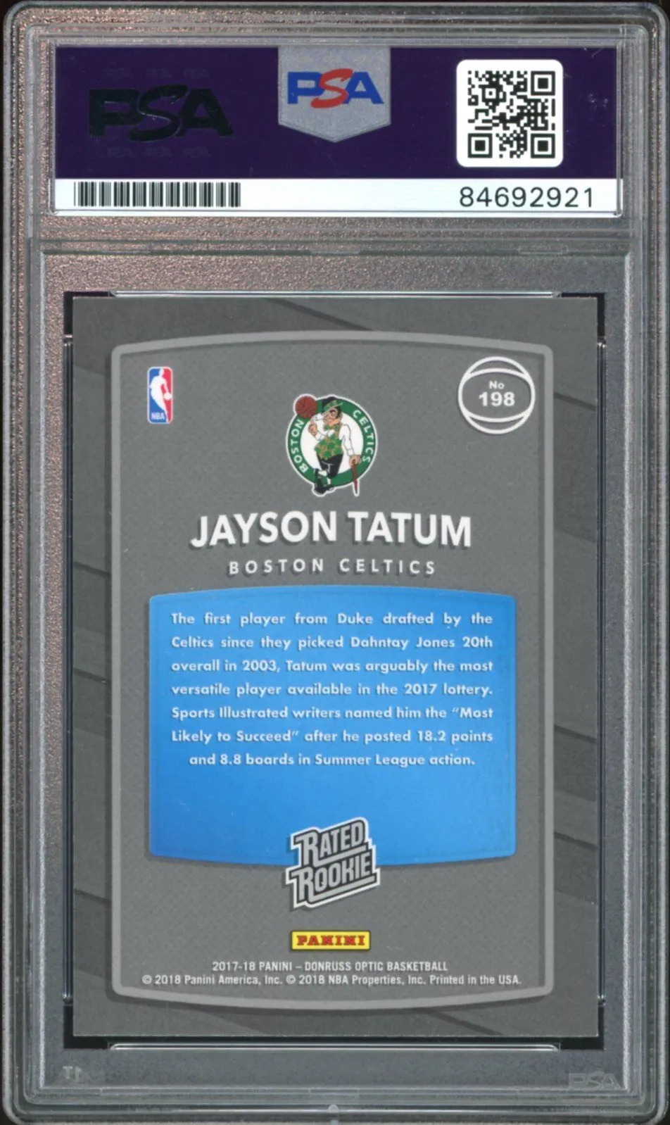 2017 Donruss Optic Rated Rookie Jayson Tatum RC On Card PSA/DNA Auto GEM MINT 10