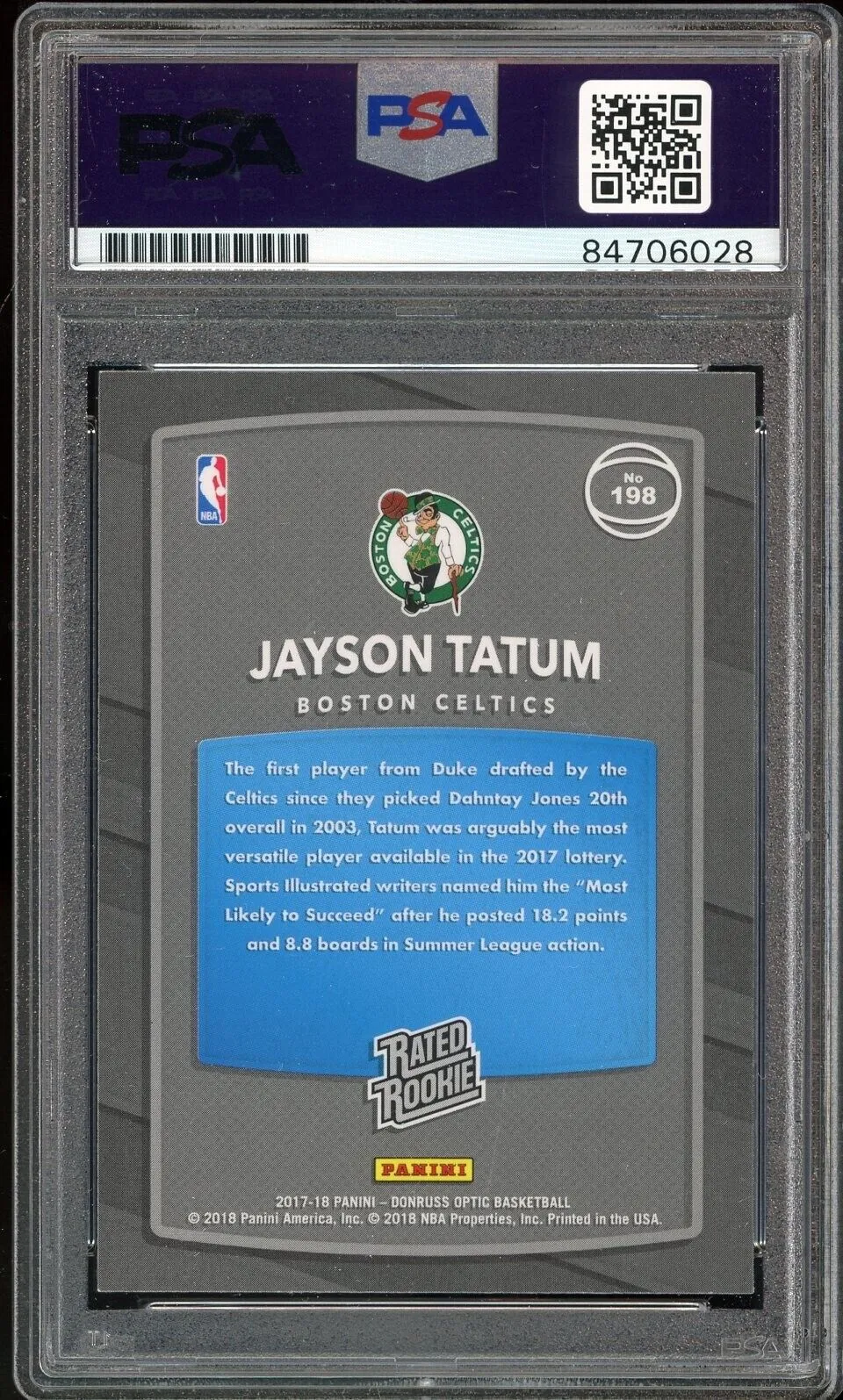 2017 Donruss Optic Rated Rookie Jayson Tatum RC On Card PSA/DNA Auto GEM MINT 10