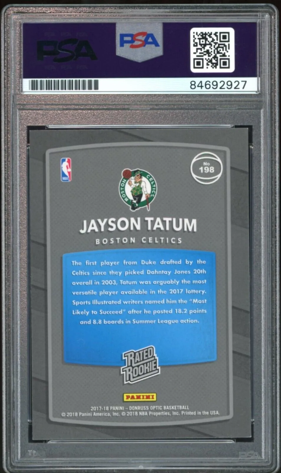 2017 Donruss Optic Rated Rookie Jayson Tatum RC On Card PSA/DNA Auto GEM MINT 10