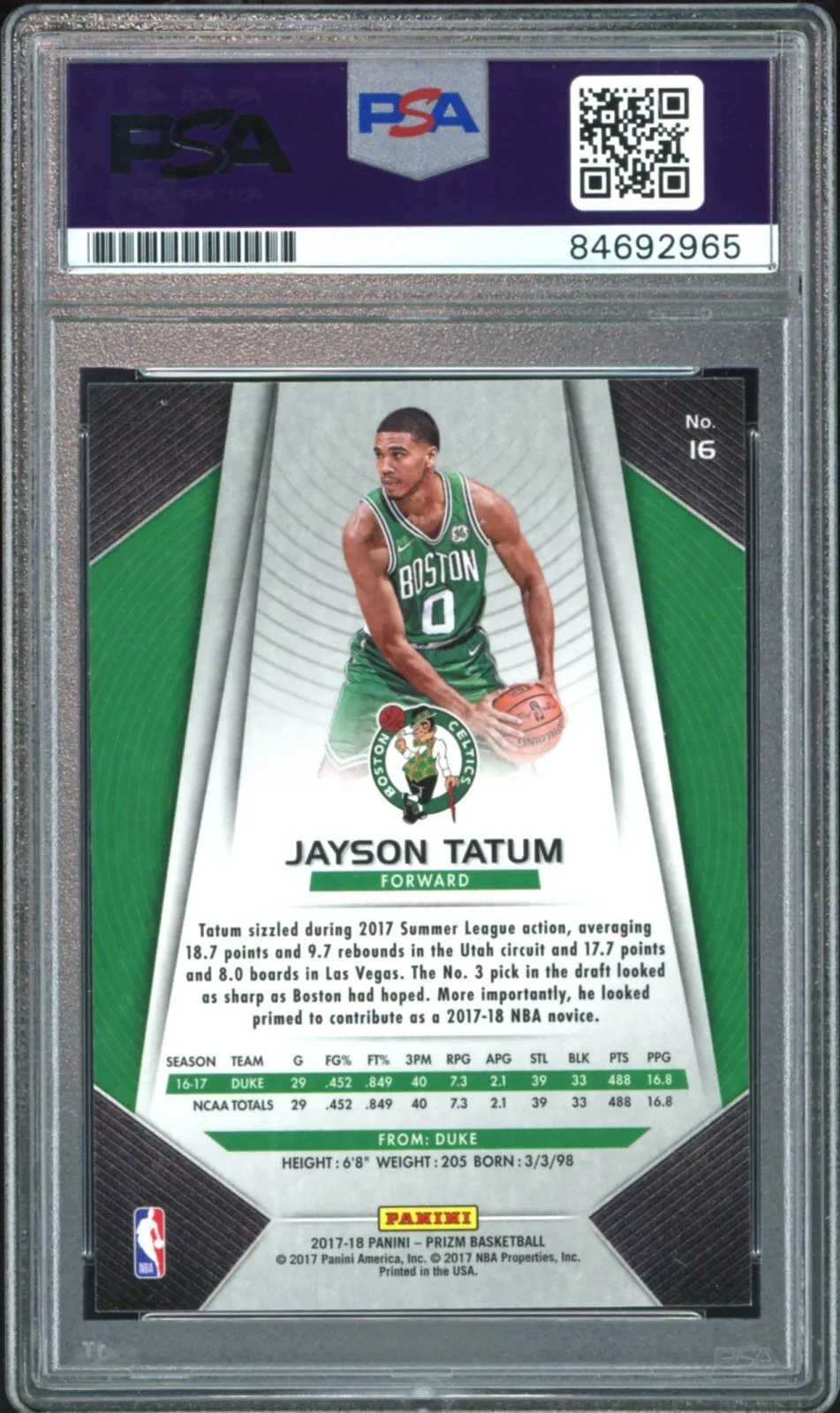 2017 Panini Prizm #16 Jayson Tatum RC On Card Green Ink PSA/DNA Auto Authentic