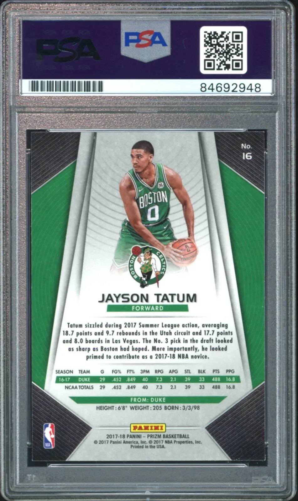 2017 Panini Prizm #16 Jayson Tatum RC On Card Green Ink PSA/DNA Auto GEM MINT 10