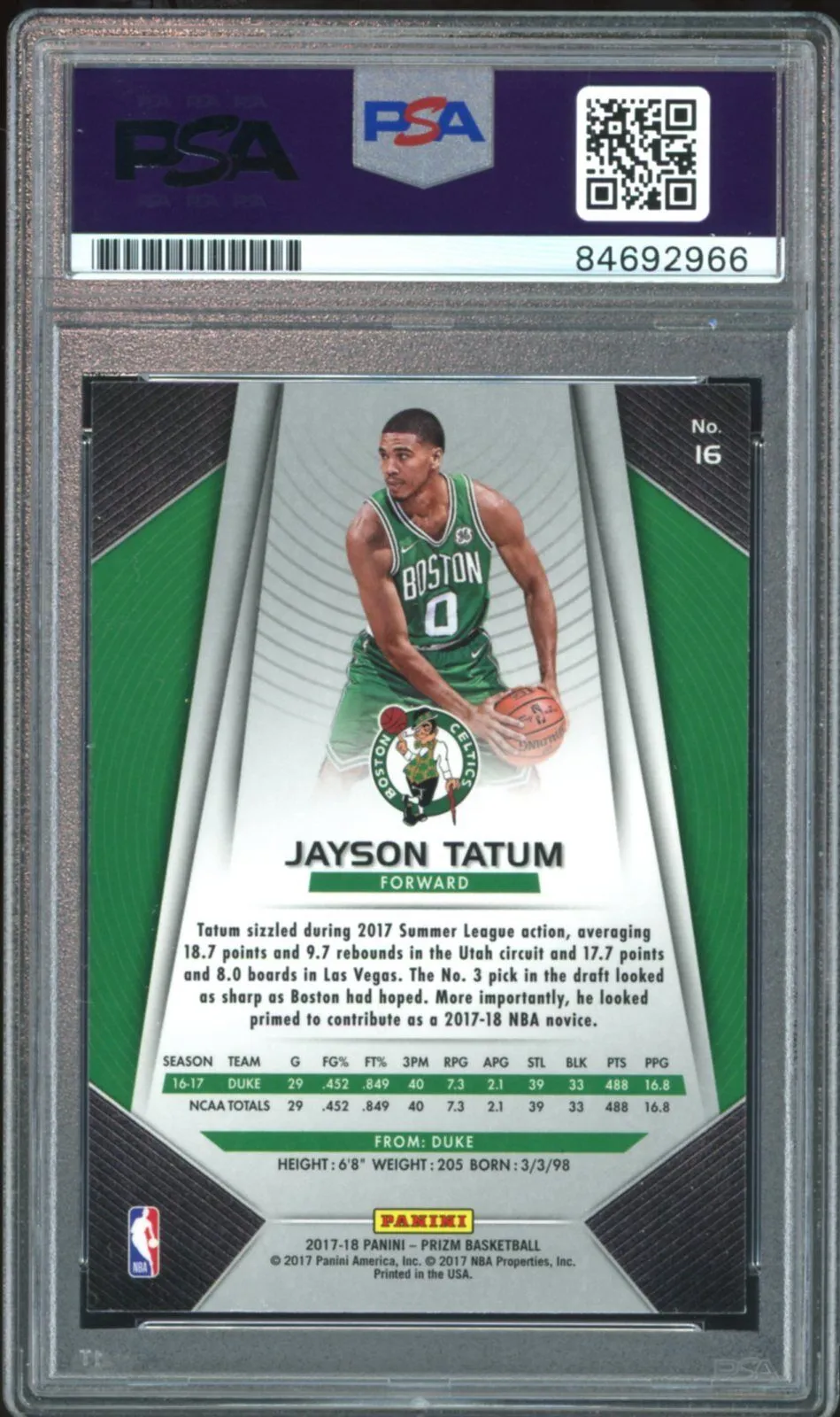 2017 Panini Prizm #16 Jayson Tatum RC On Card White Ink PSA/DNA Auto Authentic