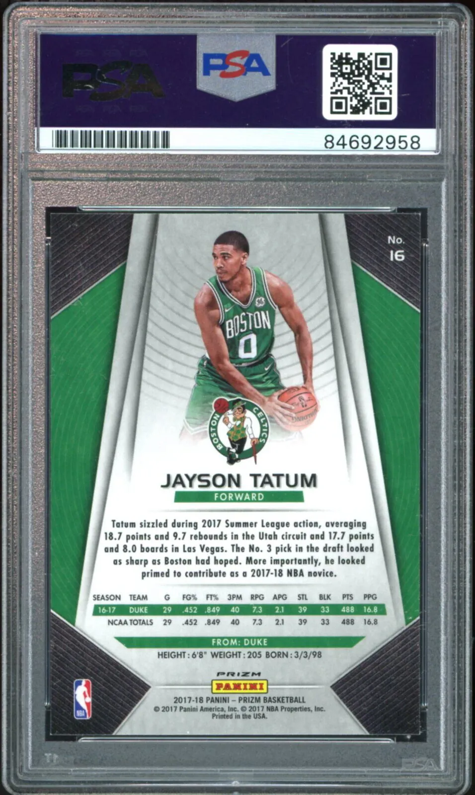 2017 Panini Prizm Fast Break Jayson Tatum RC On Card PSA/DNA Auto GEM MINT 10