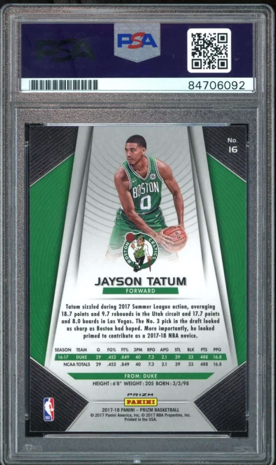 2017 Panini Prizm Silver #16 Jayson Tatum RC On Card PSA/DNA Auto Authentic