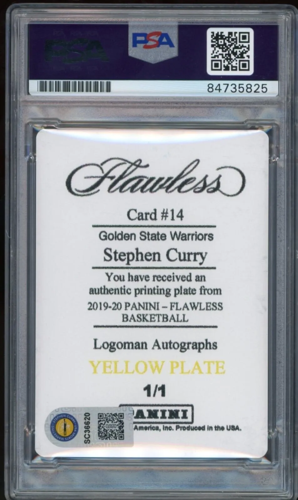 2019 Panini Flawless Printing Plate 1/1 Stephen Curry PSA/DNA Auto GEM MINT 10