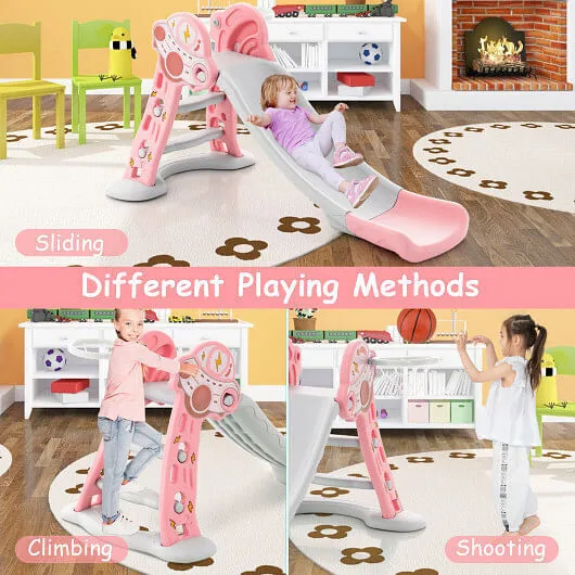 3-in-1 Folding Slide Playset with Basketball Hoop and Small Basketball-Pink - Co
