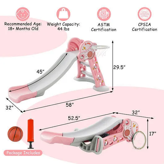 3-in-1 Folding Slide Playset with Basketball Hoop and Small Basketball-Pink - Co