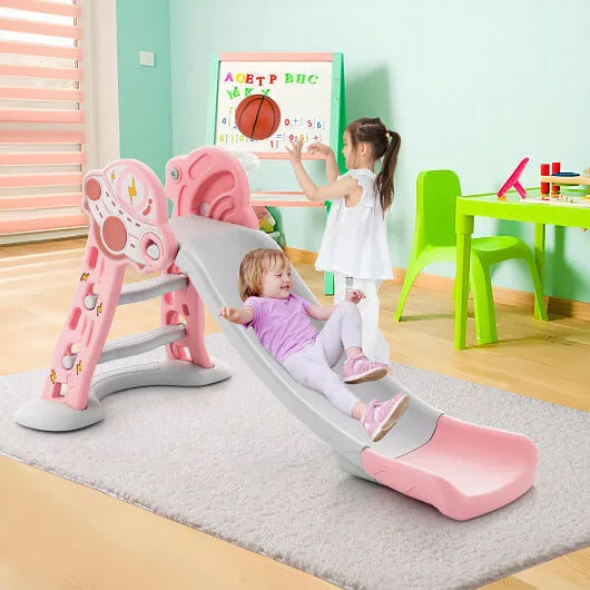 3-in-1 Folding Slide Playset with Basketball Hoop and Small Basketball-Pink - Co