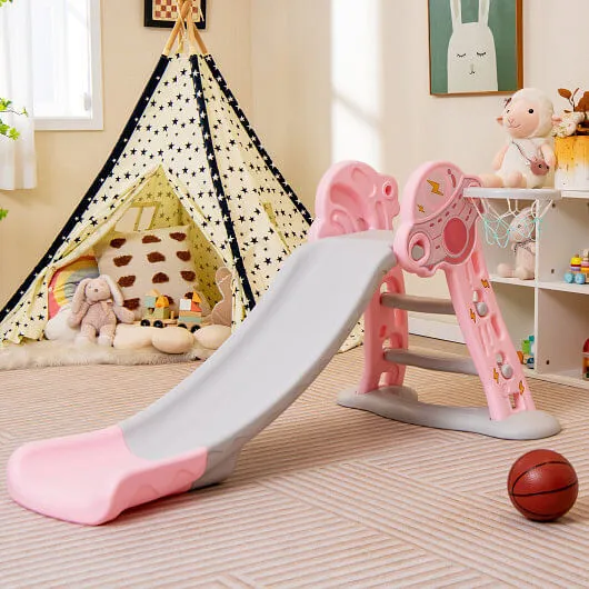 3-in-1 Folding Slide Playset with Basketball Hoop and Small Basketball-Pink - Co