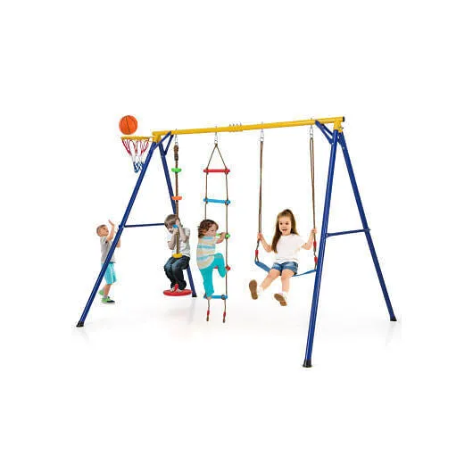 4-in-1 660 lbs Heavy Duty Swing Set for Kids Aged 3-9 Years Old-Yellow - Color:
