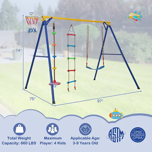 4-in-1 660 lbs Heavy Duty Swing Set for Kids Aged 3-9 Years Old-Yellow - Color: