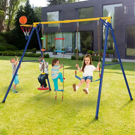 4-in-1 660 lbs Heavy Duty Swing Set for Kids Aged 3-9 Years Old-Yellow - Color: