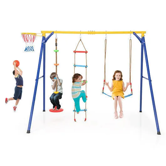4-in-1 660 lbs Heavy Duty Swing Set for Kids Aged 3-9 Years Old-Yellow - Color: