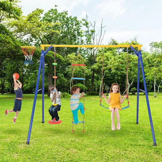 4-in-1 660 lbs Heavy Duty Swing Set for Kids Aged 3-9 Years Old-Yellow - Color: