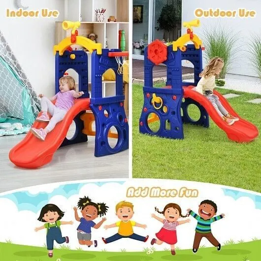 6-in-1 Freestanding Kids Slide with Basketball Hoop and Ring Toss - Color: Multi