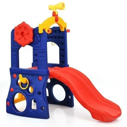 6-in-1 Freestanding Kids Slide with Basketball Hoop and Ring Toss - Color: Multi