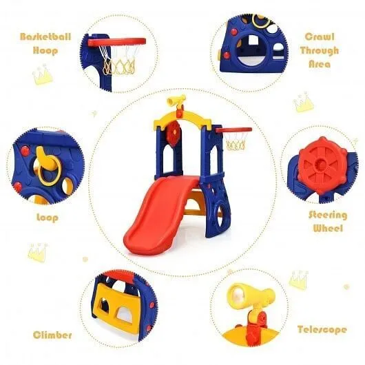 6-in-1 Freestanding Kids Slide with Basketball Hoop and Ring Toss - Color: Multi