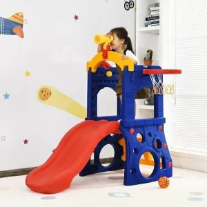 6-in-1 Freestanding Kids Slide with Basketball Hoop and Ring Toss - Color: Multi