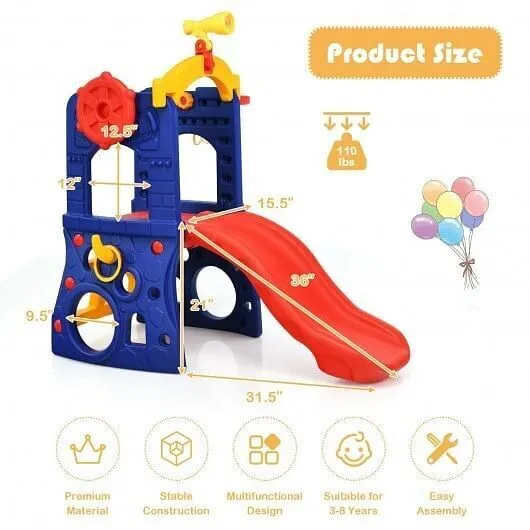 6-in-1 Freestanding Kids Slide with Basketball Hoop and Ring Toss - Color: Multi
