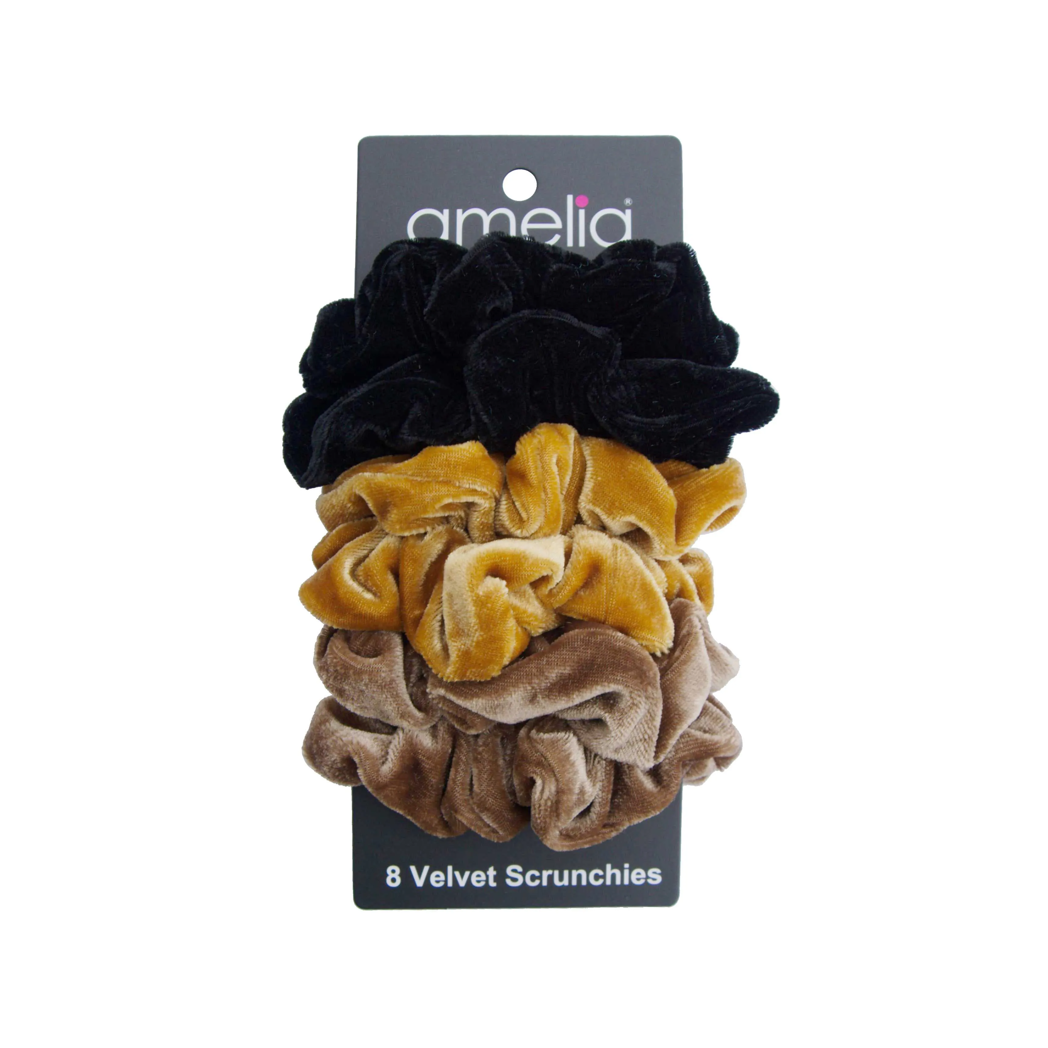 Amelia Beauty, Earth Blend Velvet Scrunchies, 3.5in Diameter, Gentle on Hair, Strong Hold, No Snag, No Dents or Creases. 8 Pack